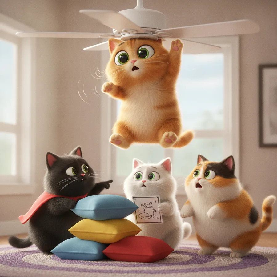 Esta divertida página de colorir apresenta um gatinho laranja surpreso pendurado em um ventilador enquanto três outros gatos assistem admirados. Os gatos são fáceis de colorir, enquanto o ventilador adiciona um pouco de desafio.