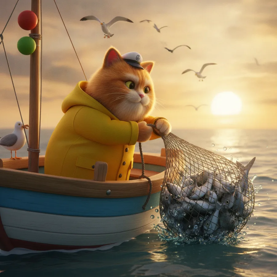 This coloring page features a fluffy orange cat in a cute raincoat standing in a fishing boat. The water and sky offer easy areas to color, while the details of the boat and fish add a fun challenge.