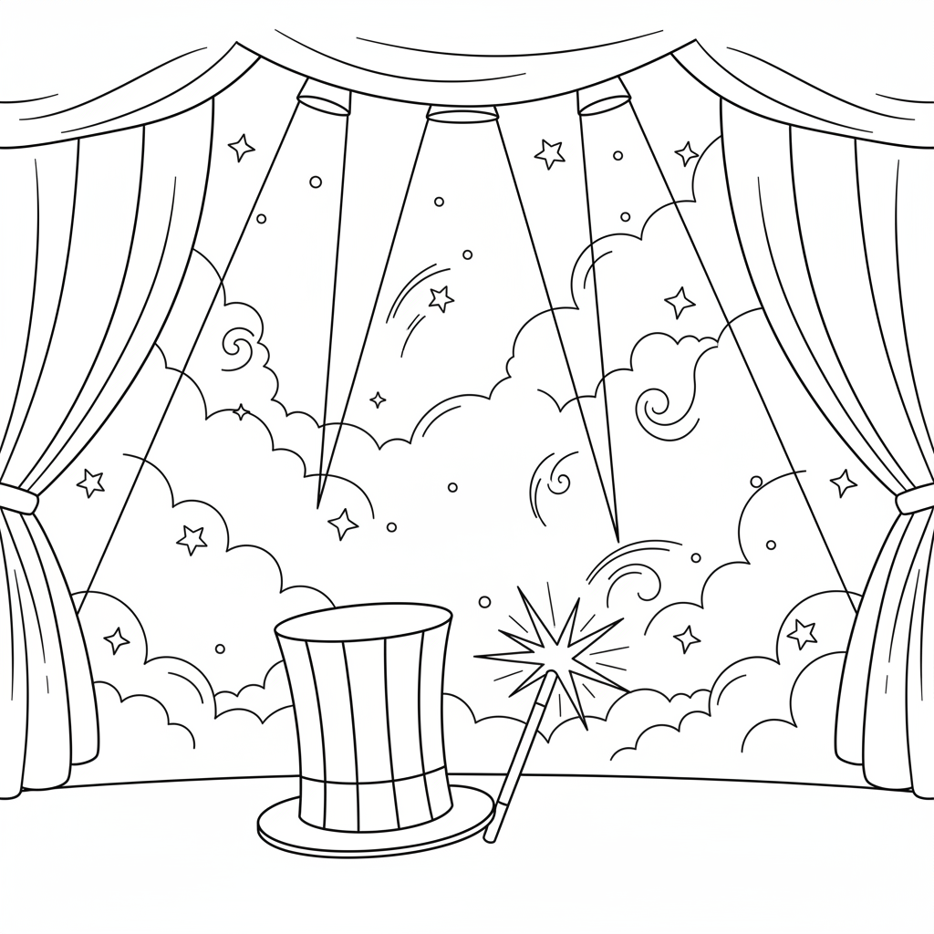 Cat Magic Stage — Free Printable Coloring Page for Kids coloring page