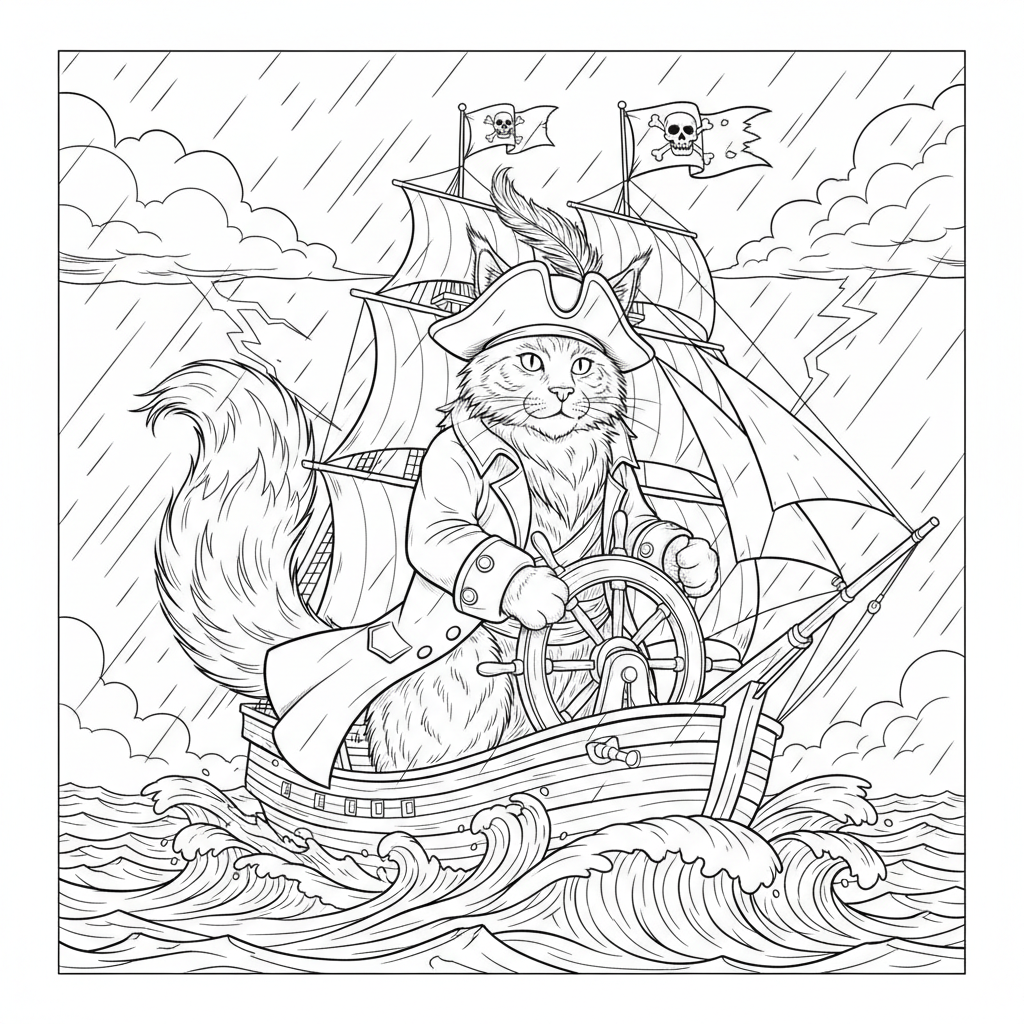 Pirate Cat Adventure — Free Coloring Page for Kids coloring page