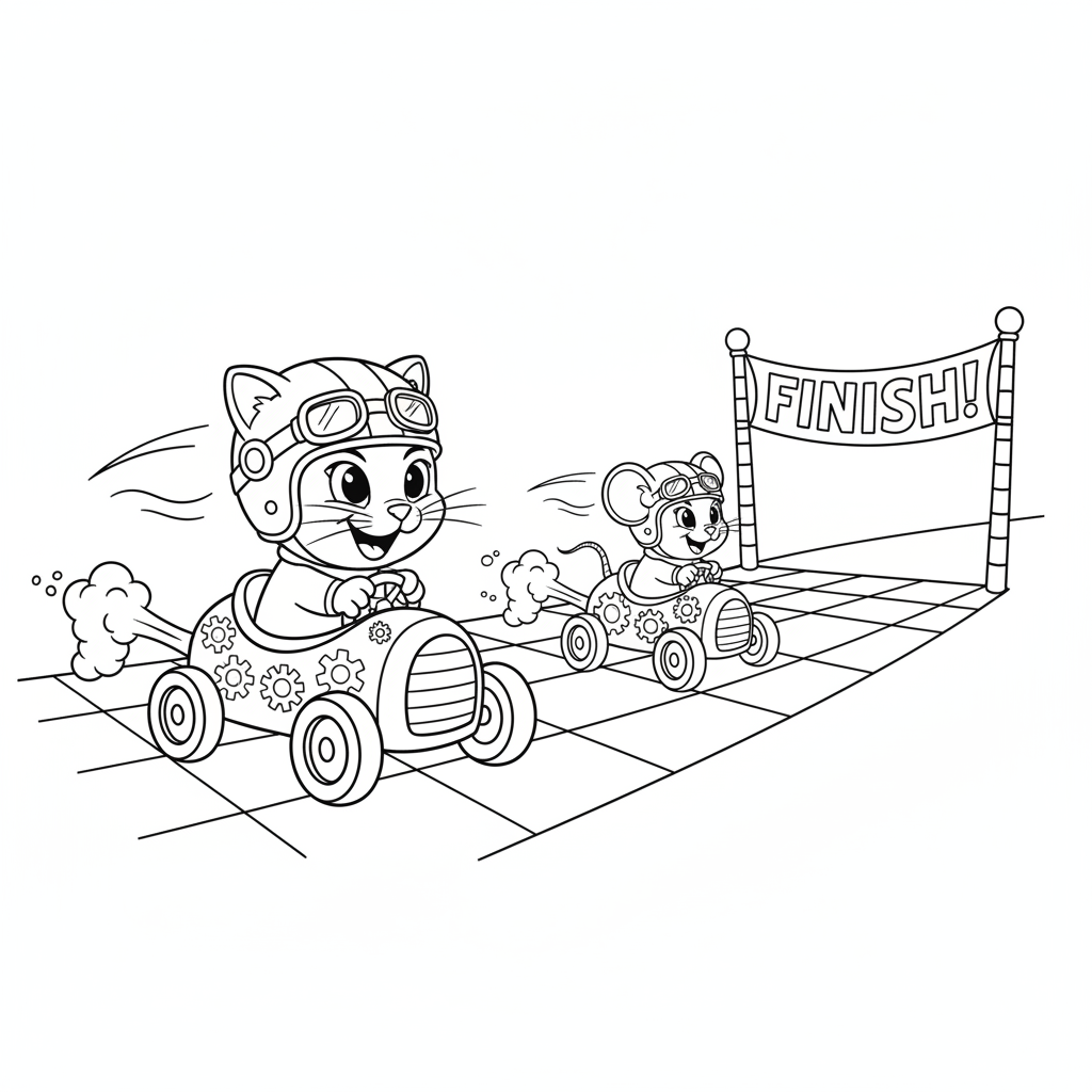 Cheerful Cat in a Race Car — Free Coloring Page for Kids coloring page