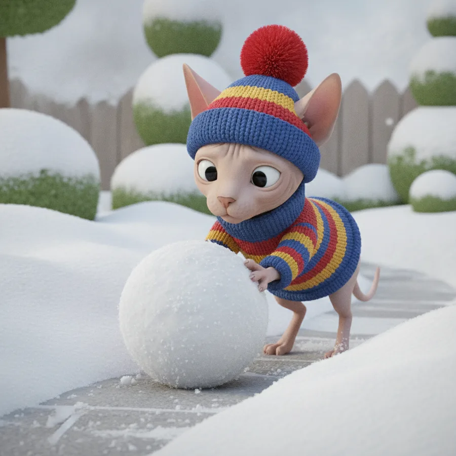 Cette image délicieuse montre un chat amusant roulant une boule de neige, ce qui facilite le coloriage de la neige et du pull du chat. Les buissons couverts de neige offrent un défi amusant.