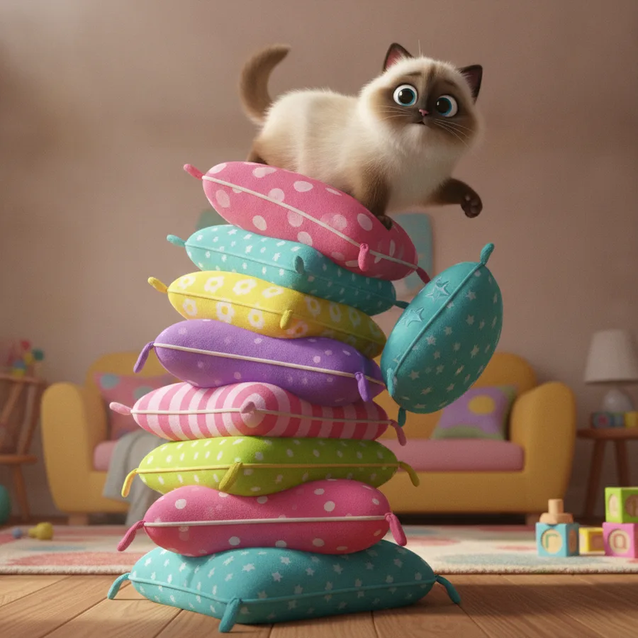 This charming scene features a playful cat atop a stack of colorful pillows, with easy areas like the cushions and a bit more detail in the cat's fur. Kids will love bringing this cozy room to life!