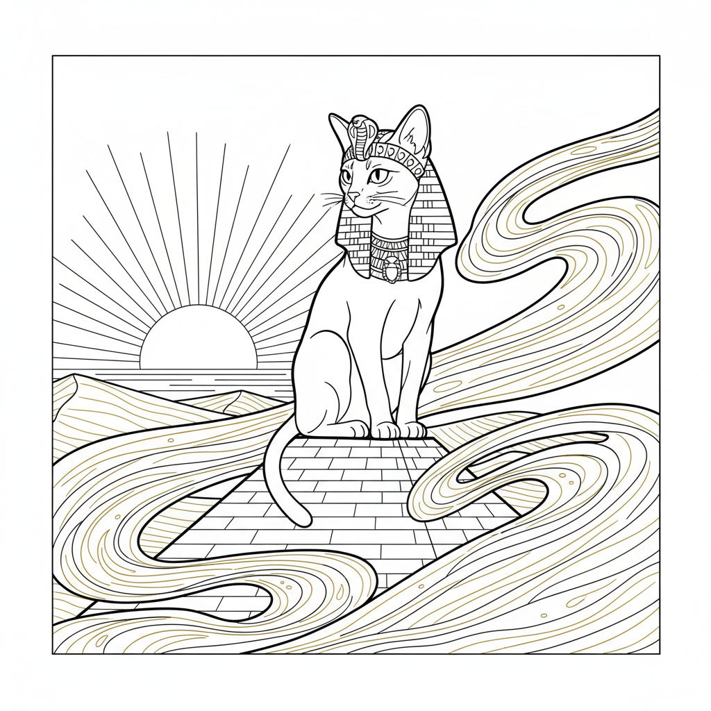 Majestic Cat on Pyramid — Free Printable Coloring Page for Kids coloring page