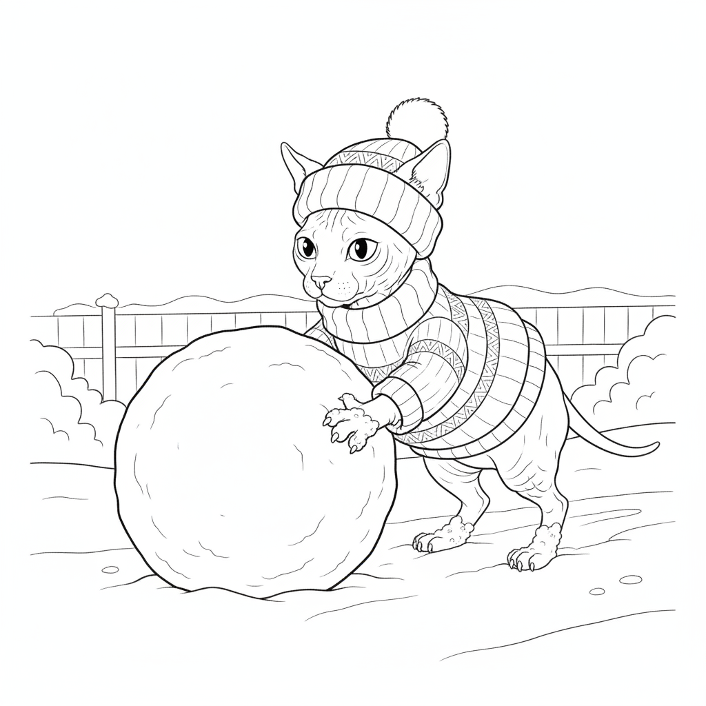 Chat Amusant Faisant une Boule de Neige — Coloriage Chats — Gratuit à Imprimer