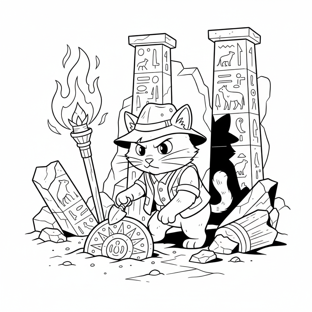 Cat Archaeologist Dig — Free Coloring Page for Kids coloring page
