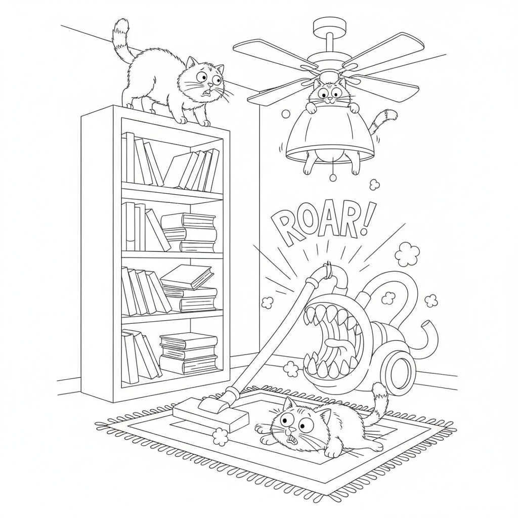 Gatos Sorprendidos en una Sala Acogedora — Dibujos de Gatos para Colorear — Gratis para Imprimir