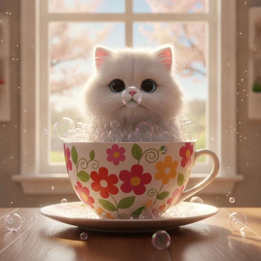 Dieses Bild zeigt eine süße Perserkatze in einer bunten Blumentasse. Die Blasen sind leicht auszumalen, während die Muster auf der Tasse kniffliger sein können.