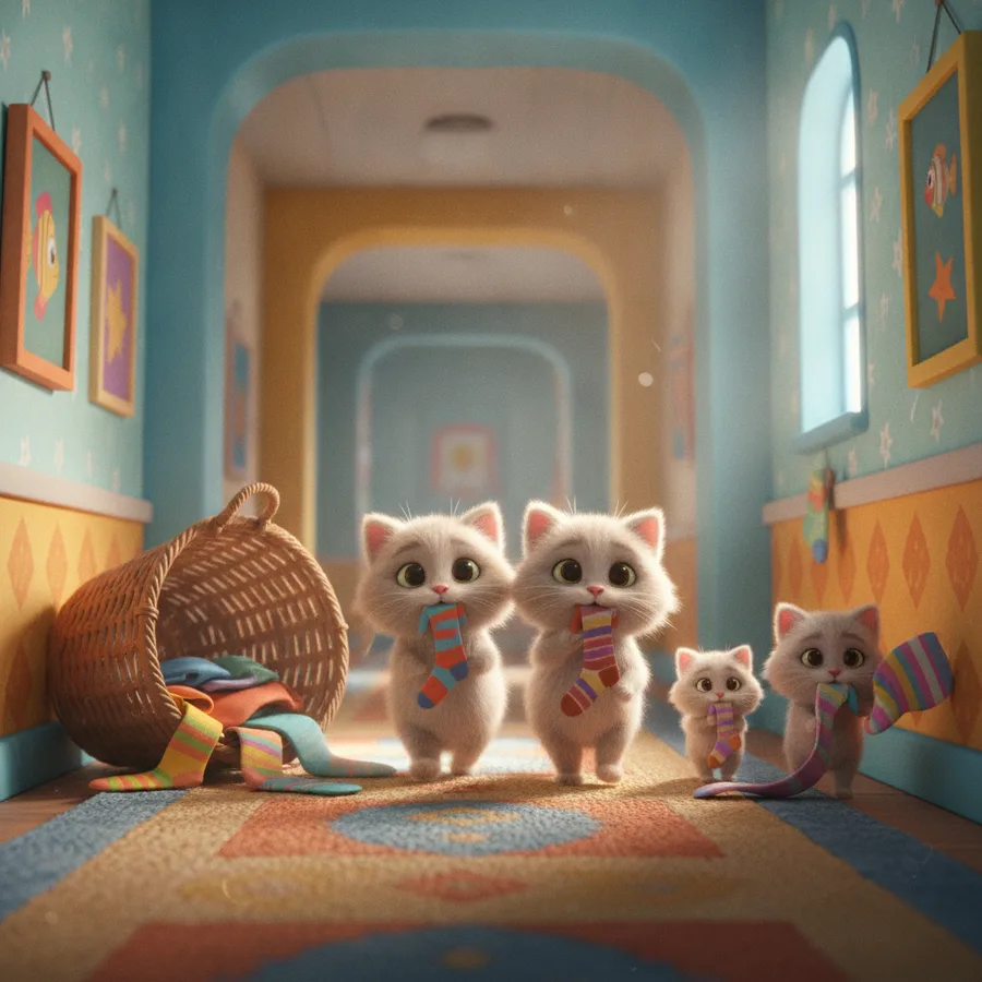 Esta cena encantadora apresenta quatro gatinhos brincalhões com meias coloridas, perfeitas para colorir facilmente. O corredor brilhante oferece áreas simples e intrincadas.