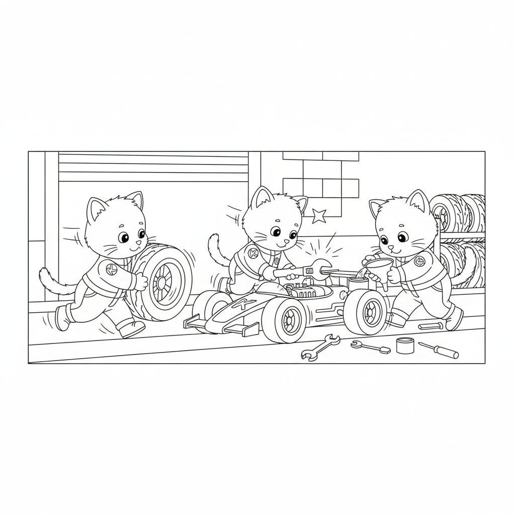 Kitten Race Pit — Free Coloring Page for Kids coloring page