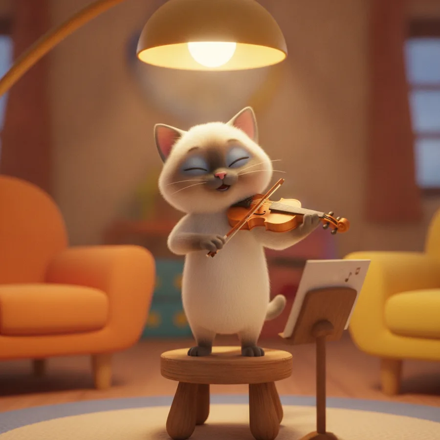 This coloring page features a cheerful cat joyfully playing the violin. The cat's white coat and light-colored ears are easy to color, while the lamp and colorful furniture add a fun challenge.