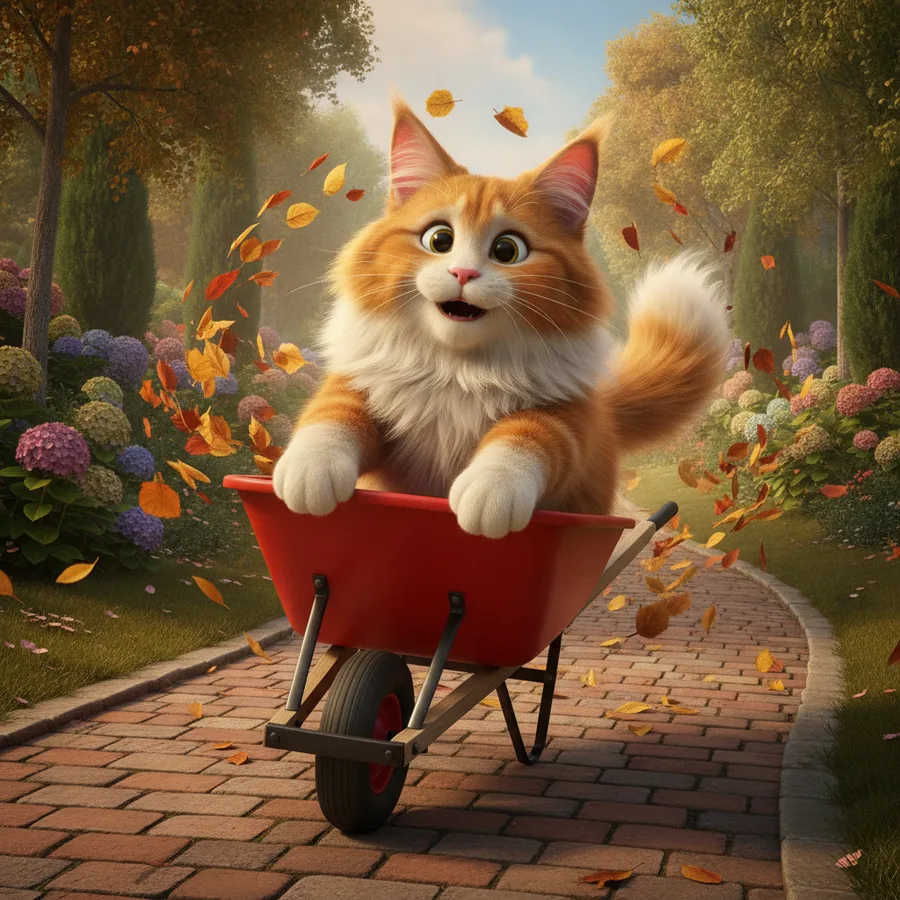 This delightful scene features a playful cat in a bright wheelbarrow surrounded by flowers. The large areas of the cat and wheelbarrow make coloring easy, while the detailed background offers a fun challenge.