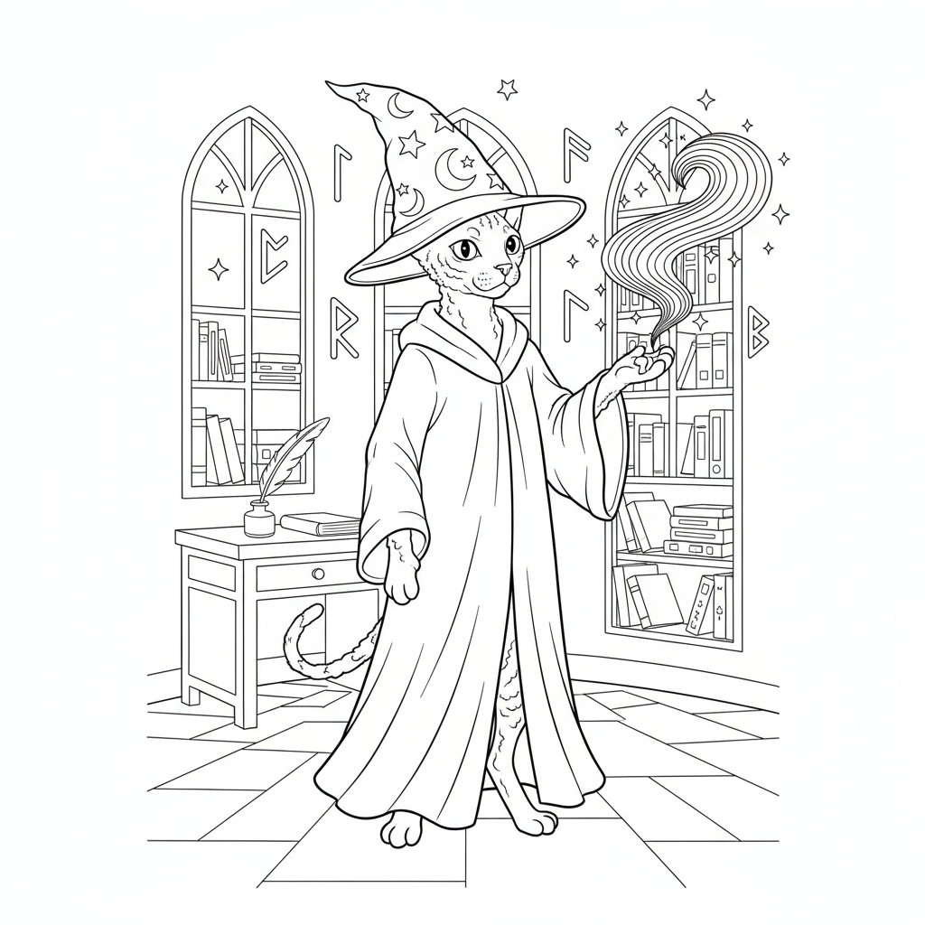Magical Cat in a Cozy Library — Free Coloring Page for Kids coloring page