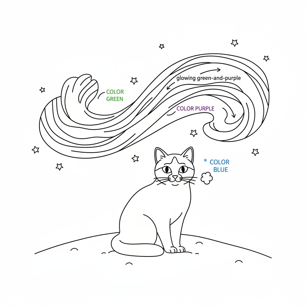 Snowshoe Cat Watching Northern Lights — Free Coloring Page for Kids coloring page