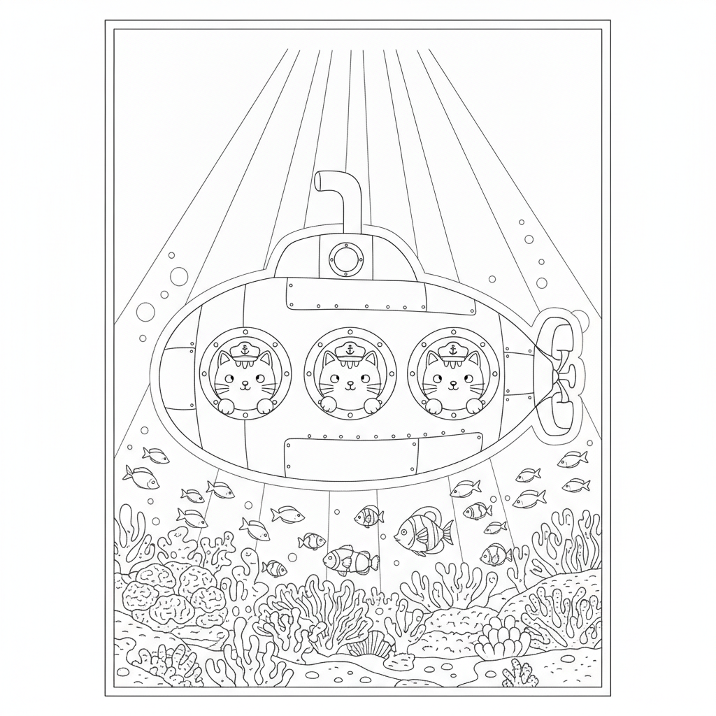 Whimsical Yellow Submarine Scene — Free Coloring Page for Kids coloring page