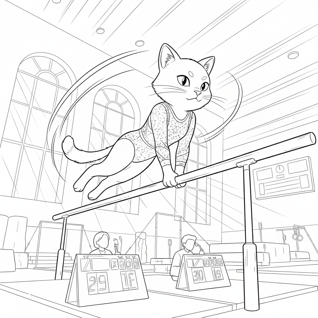 Cat Gymnast Bars — Free Printable Coloring Page for Kids coloring page