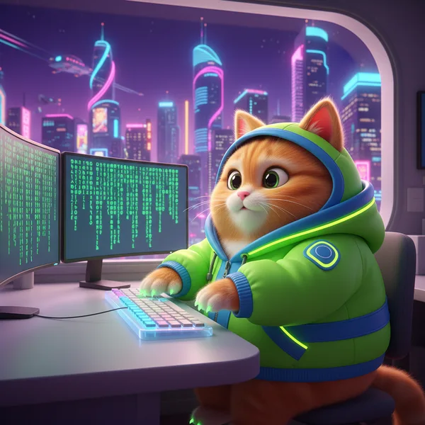 Colorful Cat at Computer Desk — Free Coloring Page for Kids
