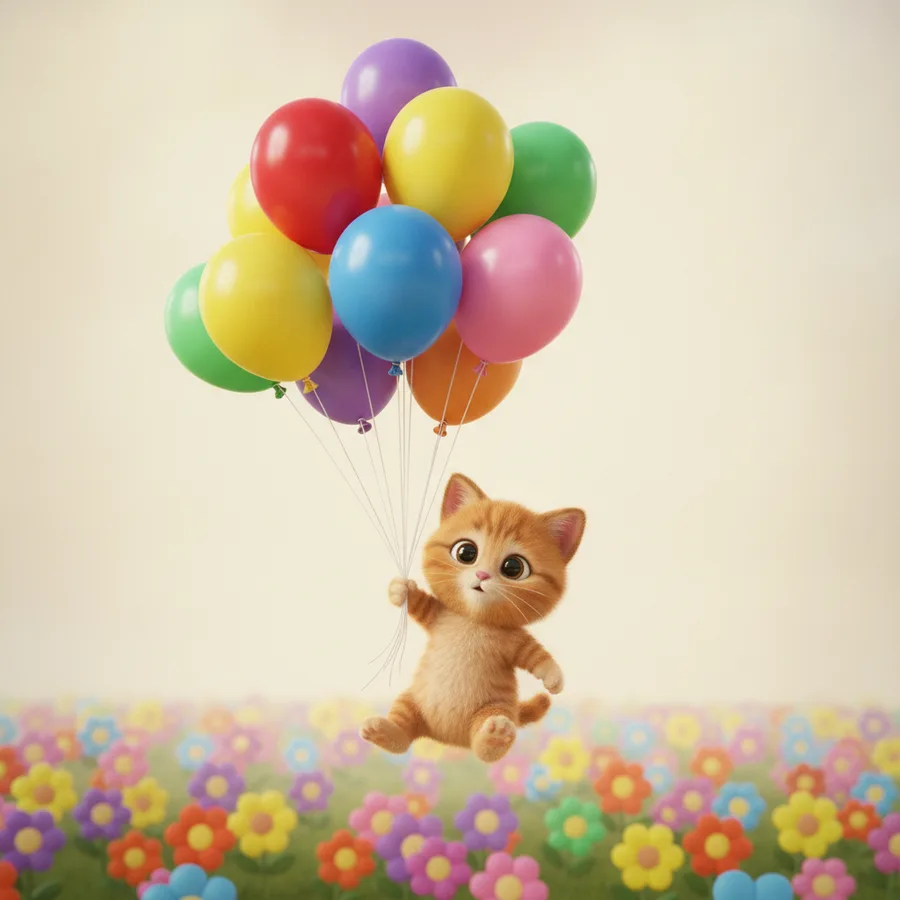 This charming coloring page features a fluffy orange kitten holding a bunch of balloons. The flowers provide easy areas to color while the kitten's fur offers a fun challenge.
