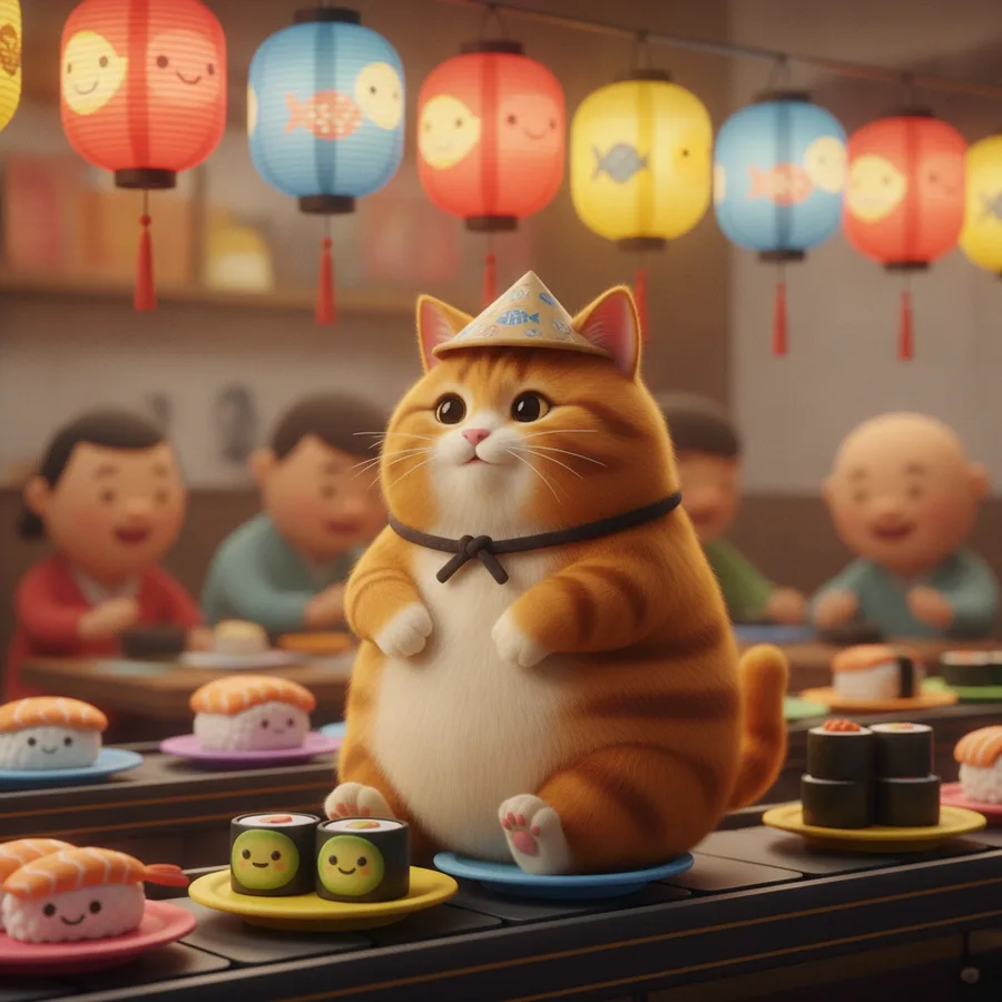 Esta página para colorir apresenta um gato laranja gordinho com um chapéu de papel em um prato azul. As áreas fáceis incluem o pelo do gato, enquanto as lanternas oferecem um desafio divertido!