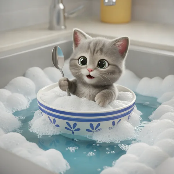 Kitten in a Bubbly Bowl — Free Coloring Page for Kids