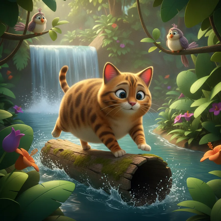 Esta página para colorir apresenta um gato tigrado fofo em um tronco coberto de musgo, cercado por flores vibrantes. Os grandes olhos do gato e o riacho oferecem áreas divertidas e fáceis de colorir, enquanto a folhagem apresenta um pequeno desafio.
