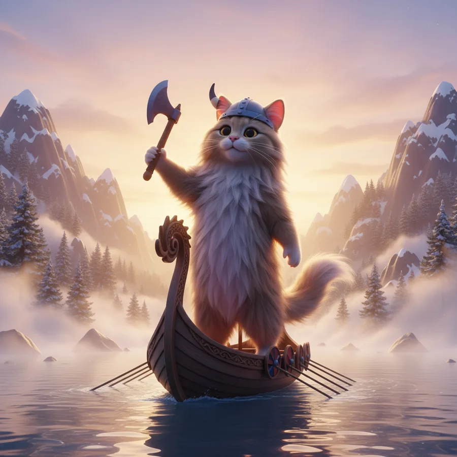 Fluffy Viking Cat Adventure — Free Coloring Page for Kids