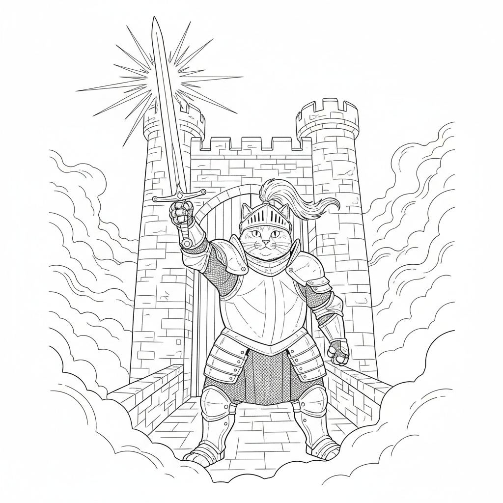 Brave Cat in Shiny Armor — Free Printable Coloring Page for Kids coloring page