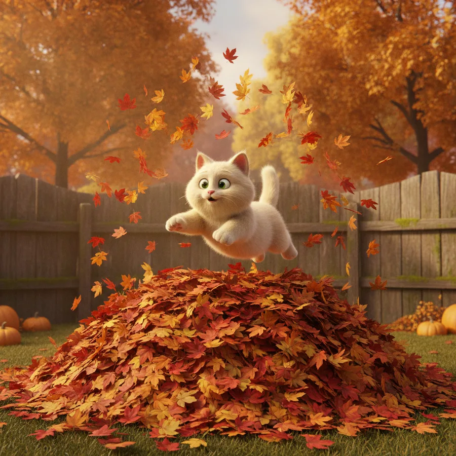 This coloring page features a fluffy white kitten playing in a pile of bright autumn leaves. The large leaves and kitten are easy to color, while the detailed pumpkins add a fun challenge.