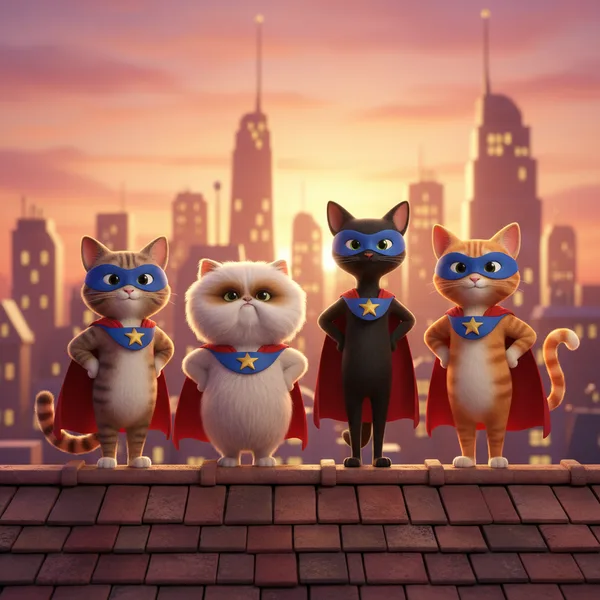 Colorful Cats in Superhero Capes — Free Coloring Page for Kids
