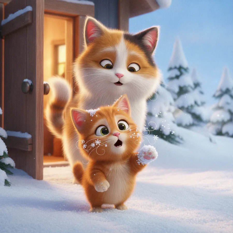 Esta página para colorear presenta un gatito naranja sorprendido y un gato padre en un paisaje nevado. La bola de nieve y los árboles ofrecen áreas fáciles para colorear, mientras que los detalles de la cabaña añaden un poco de desafío.