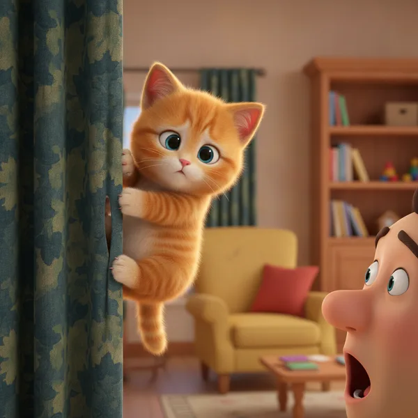 Gatito Sorprendido Asomándose por la Cortina — Dibujos de Gatos para Colorear — Gratis para Imprimir
