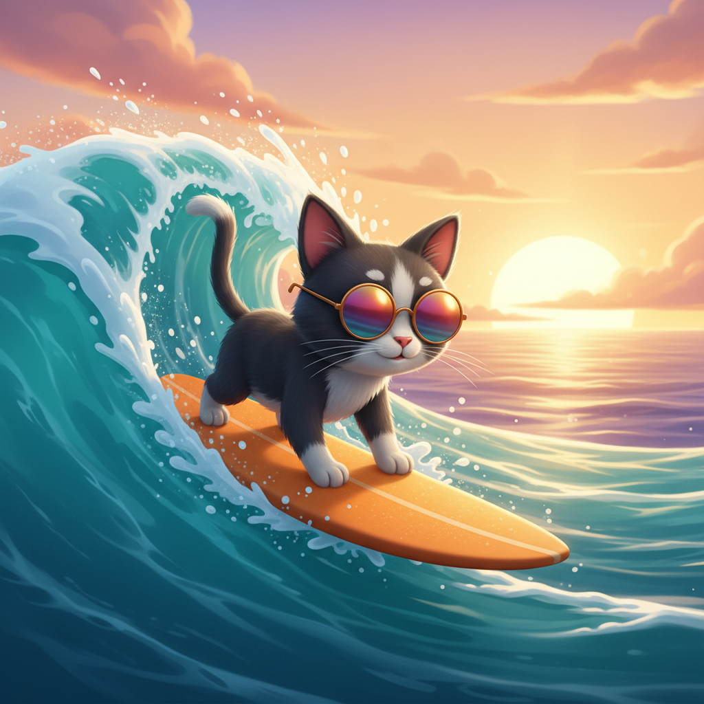 Surfing Cat Adventure at Sunset — Bedtime Story for Kids