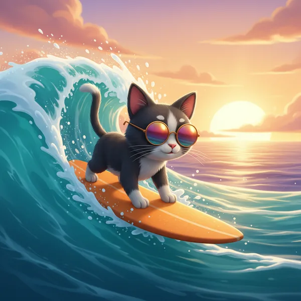 Cool Cat Surfing a Giant Wave — Free Coloring Page for Kids