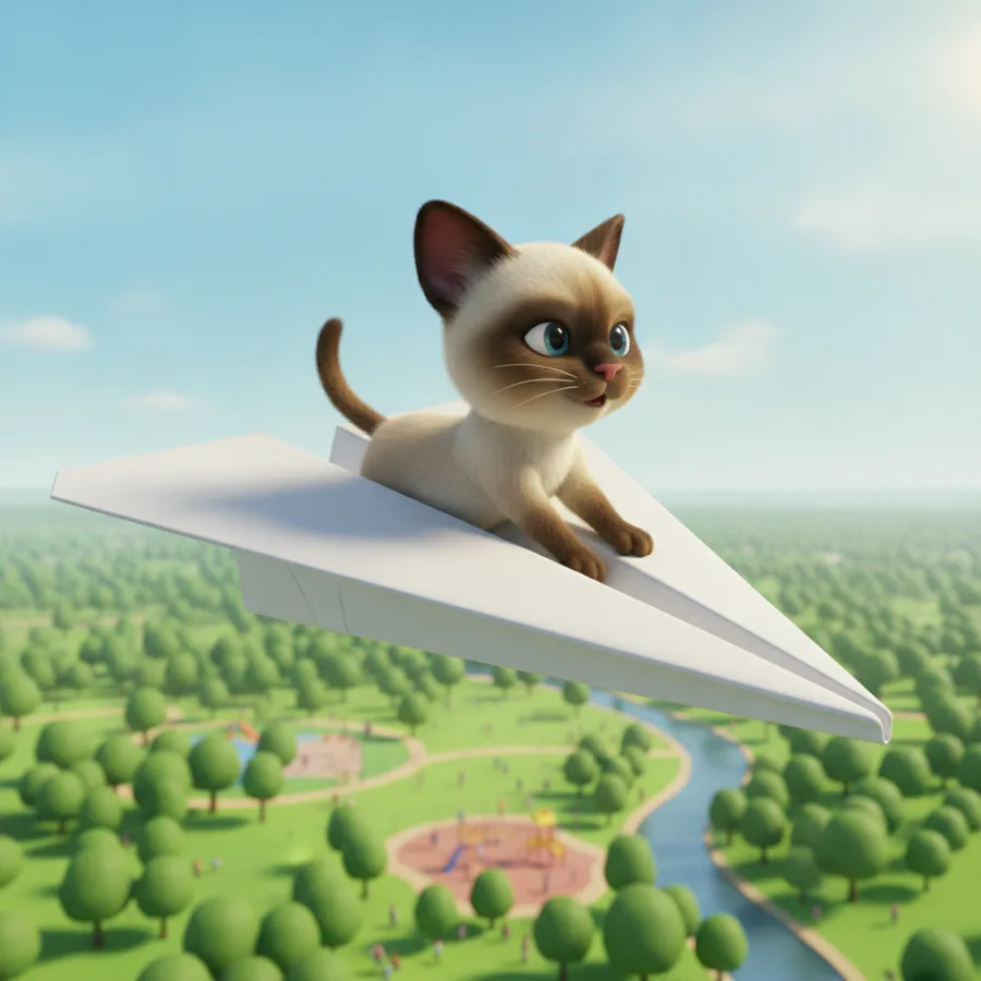 Color the cheerful kitten and the big paper airplane against a bright sky. The airplane's large surface is easy to color, while the kitten's details offer a fun challenge.