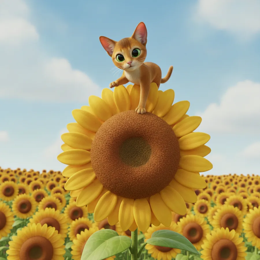 This coloring page features a cute kitten on a sunflower, making it fun for kids. The sky and flowers are easy to color, while the kitten's details provide a fun challenge.