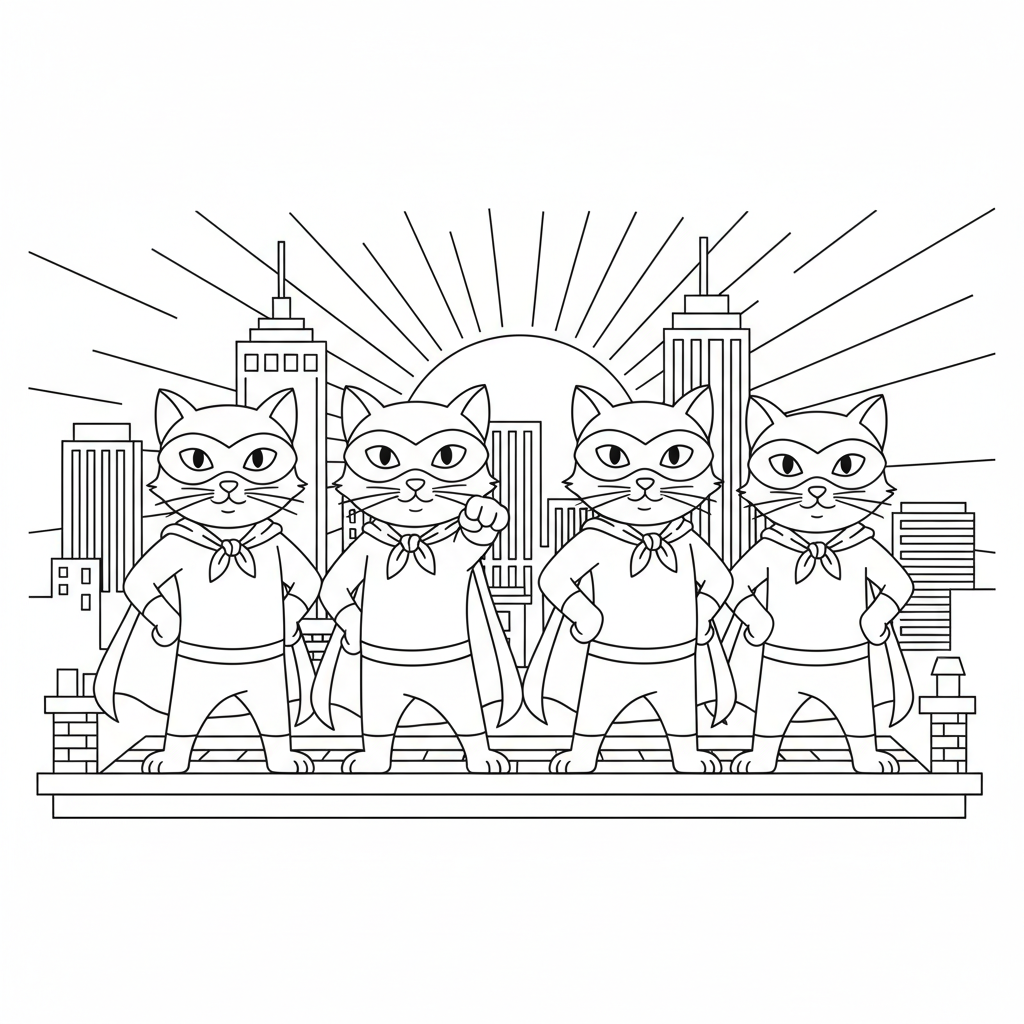 Colorful Cats in Superhero Capes — Free Coloring Page for Kids coloring page