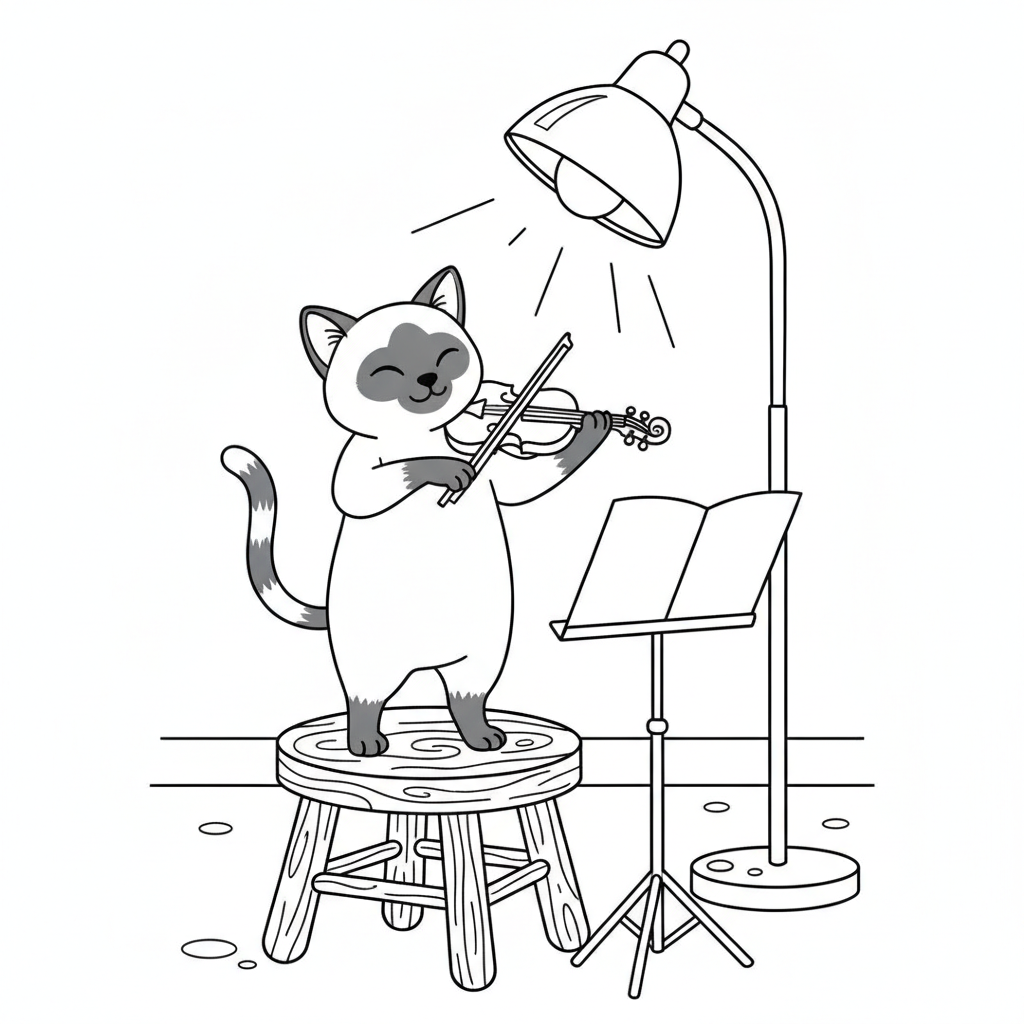 Adorable Cartoon Cat Playing Violin — Free Coloring Page for Kids