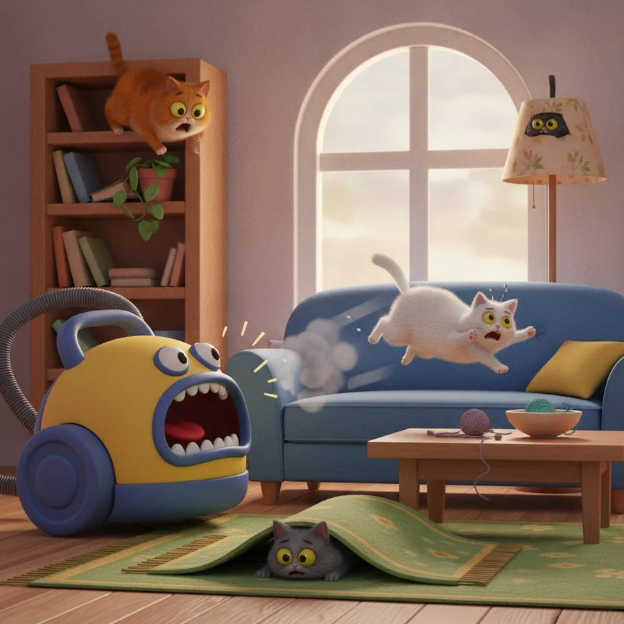 Esta escena juguetona presenta a dos gatos con expresiones exageradas, haciéndola divertida de colorear. El sofá y la alfombra son áreas fáciles, mientras que los detalles en la aspiradora añaden un desafío divertido.