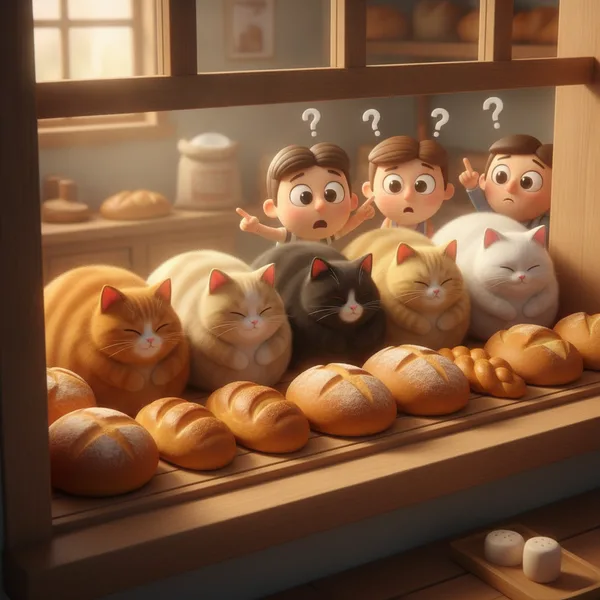 Niños Curiosos en una Panadería — Dibujos de Gatos para Colorear — Gratis para Imprimir
