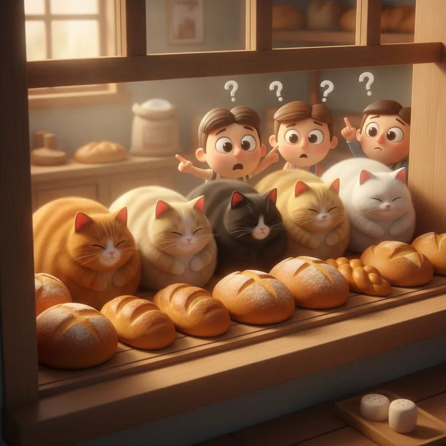 Dieses charmante Ausmalbild zeigt drei neugierige Kinder, die schlafende Katzen in einer Bäckerei beobachten. Die großen Flächen sind leicht zu färben, während die komplizierten Brotdetails eine spannende Herausforderung darstellen.