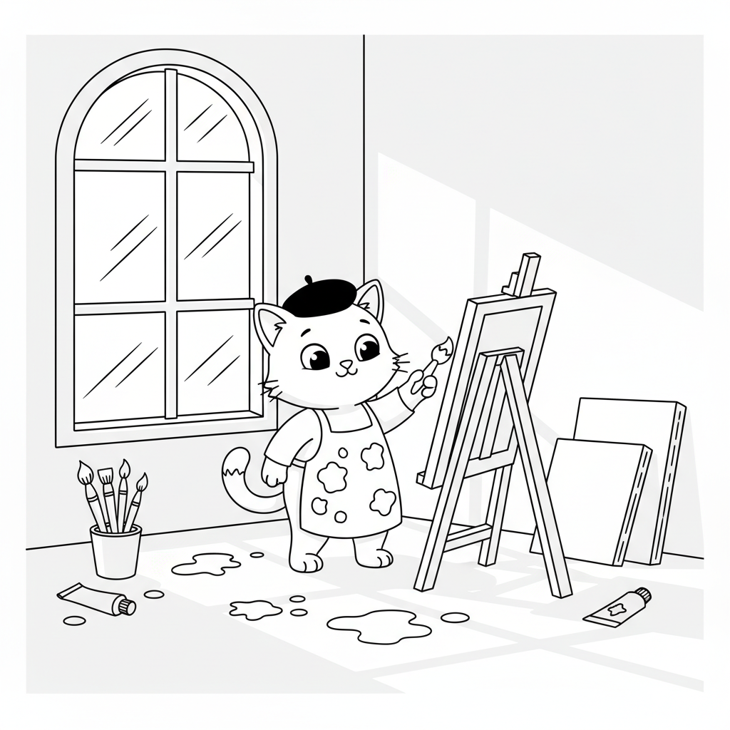 Colorful Cat Painting Adventure — Free Coloring Page for Kids coloring page