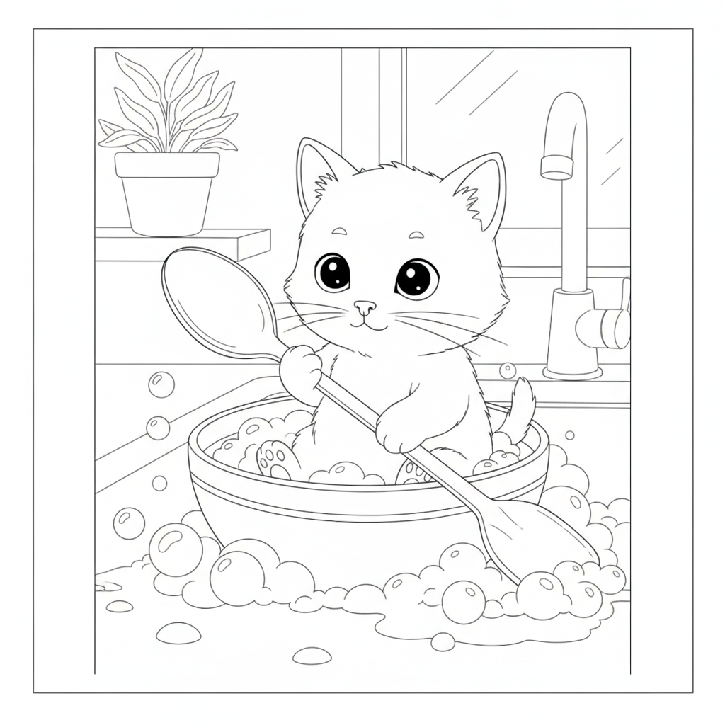 Kitten in a Bubbly Bowl — Free Coloring Page for Kids