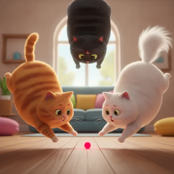 Tres Gatos Juguetones Saltando por un Punto Rojo — Dibujos de Gatos para Colorear — Gratis para Imprimir