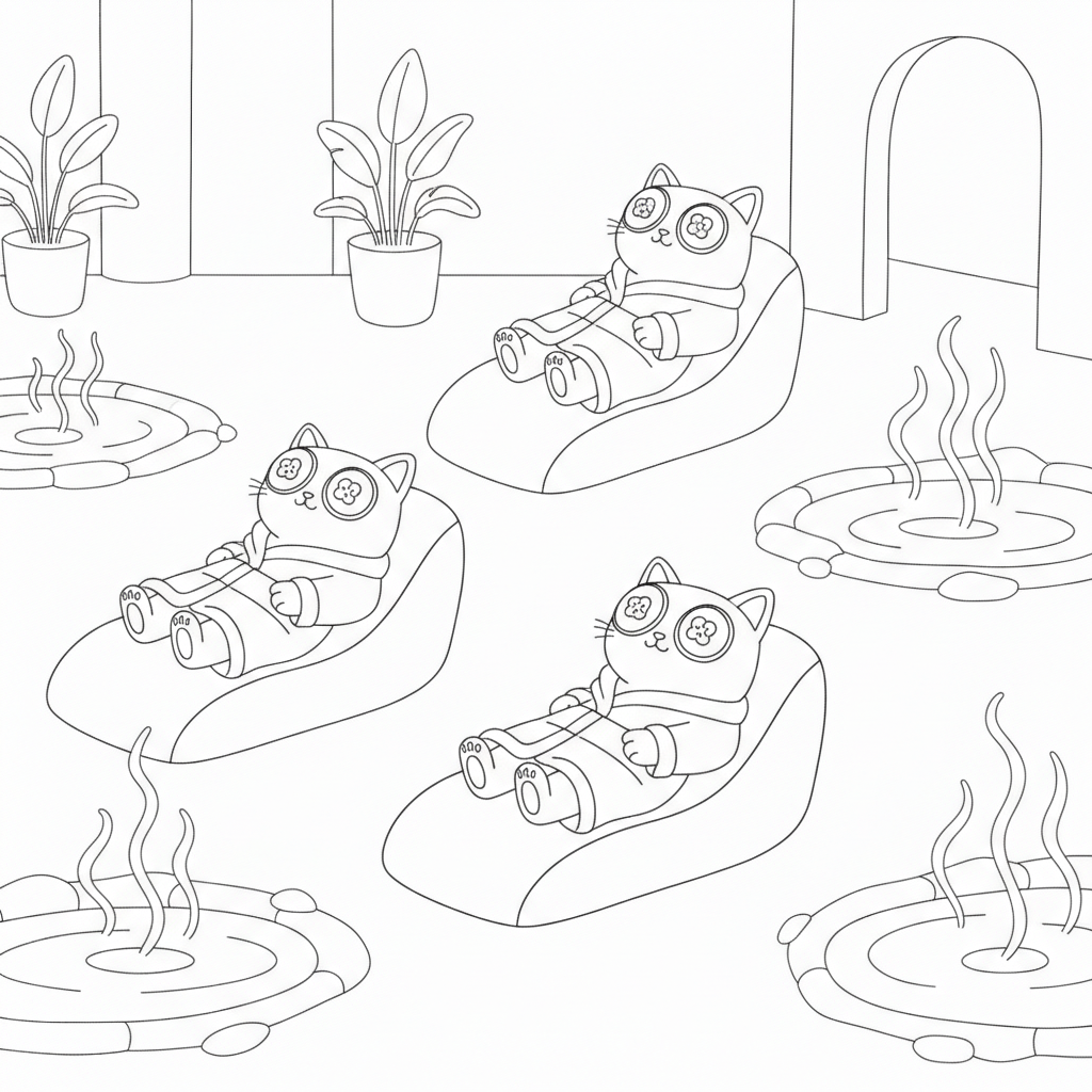 Adorable Cats in Spa Robes — Free Coloring Page for Kids coloring page
