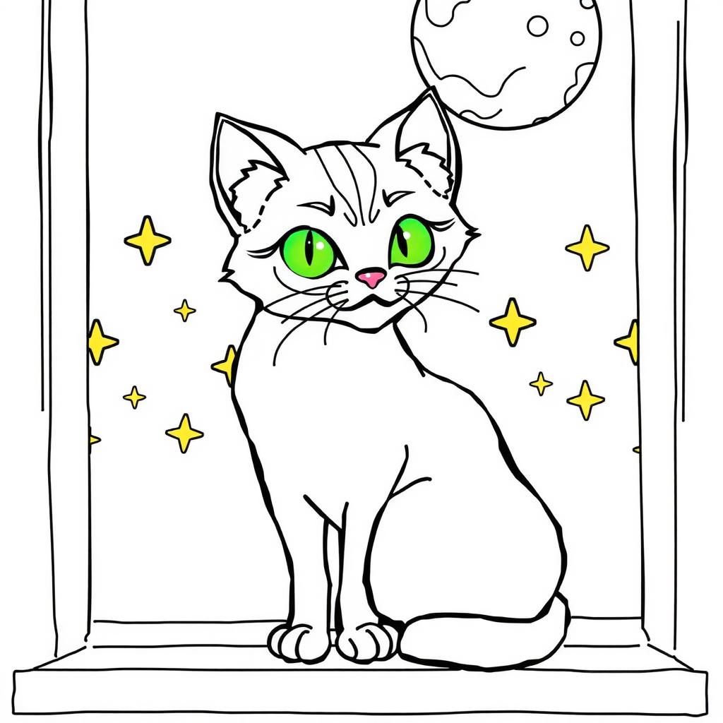 Black Cat Moonlight — Cute Black Cat Coloring Page for Kids coloring page