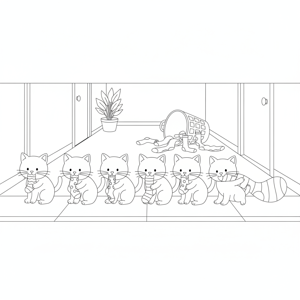 Gatinhos Adoráveis Segurando Meias em um Corredor Colorido — Desenho de Gatos para Colorir — Grátis