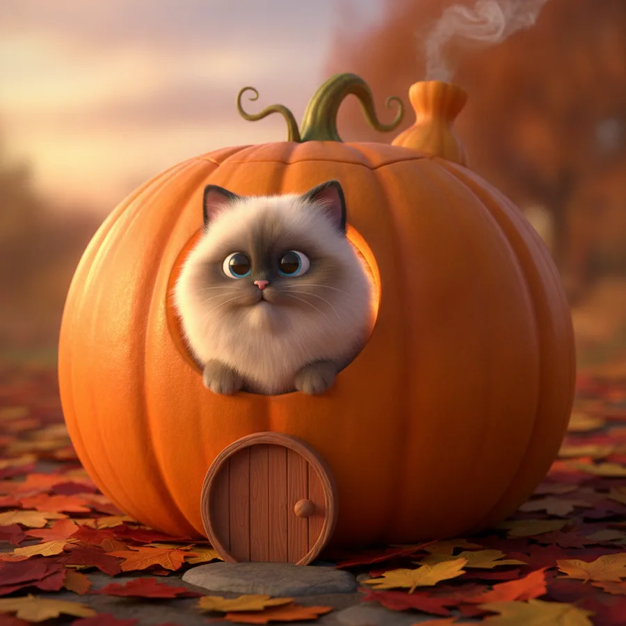 Dieses Ausmalbild zeigt eine Ragdoll-Katze, die aus einem Kürbis schaut. Die einfachen Bereiche sind der Kürbis und die Blätter, während das Fell der Katze eine spaßige Herausforderung bietet.