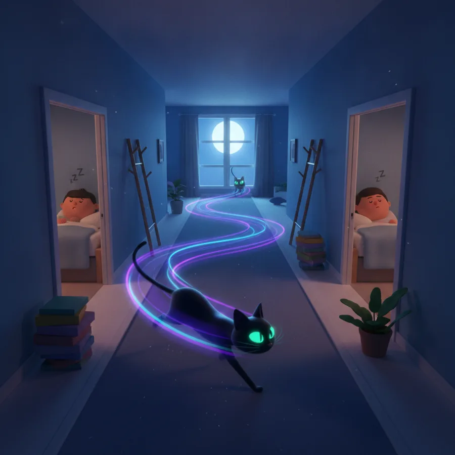 Esta imagem para colorir possui áreas fáceis como o gato e as trilhas de luz, enquanto os fundos detalhados oferecem um desafio divertido. As crianças adorarão dar vida a esta cena.