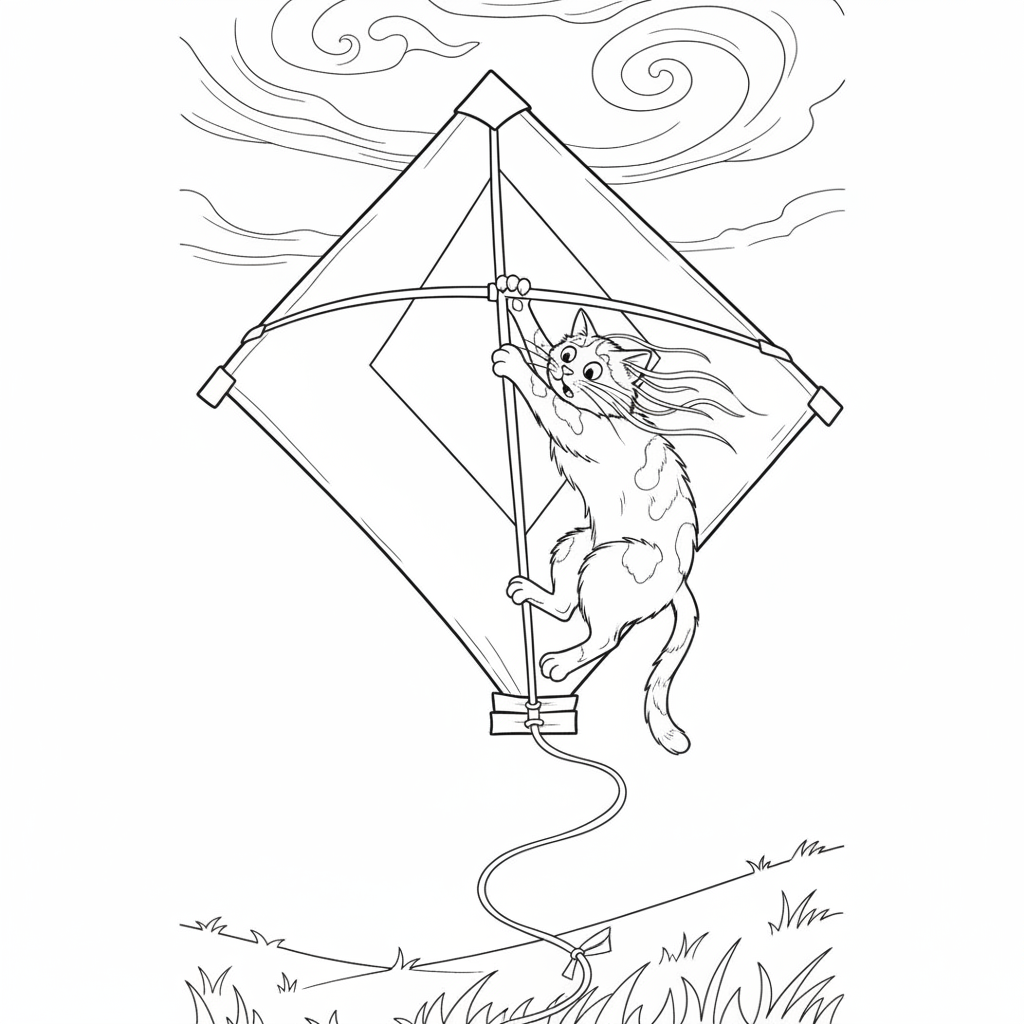 Playful Calico Cat Flying a Kite — Free Coloring Page for Kids