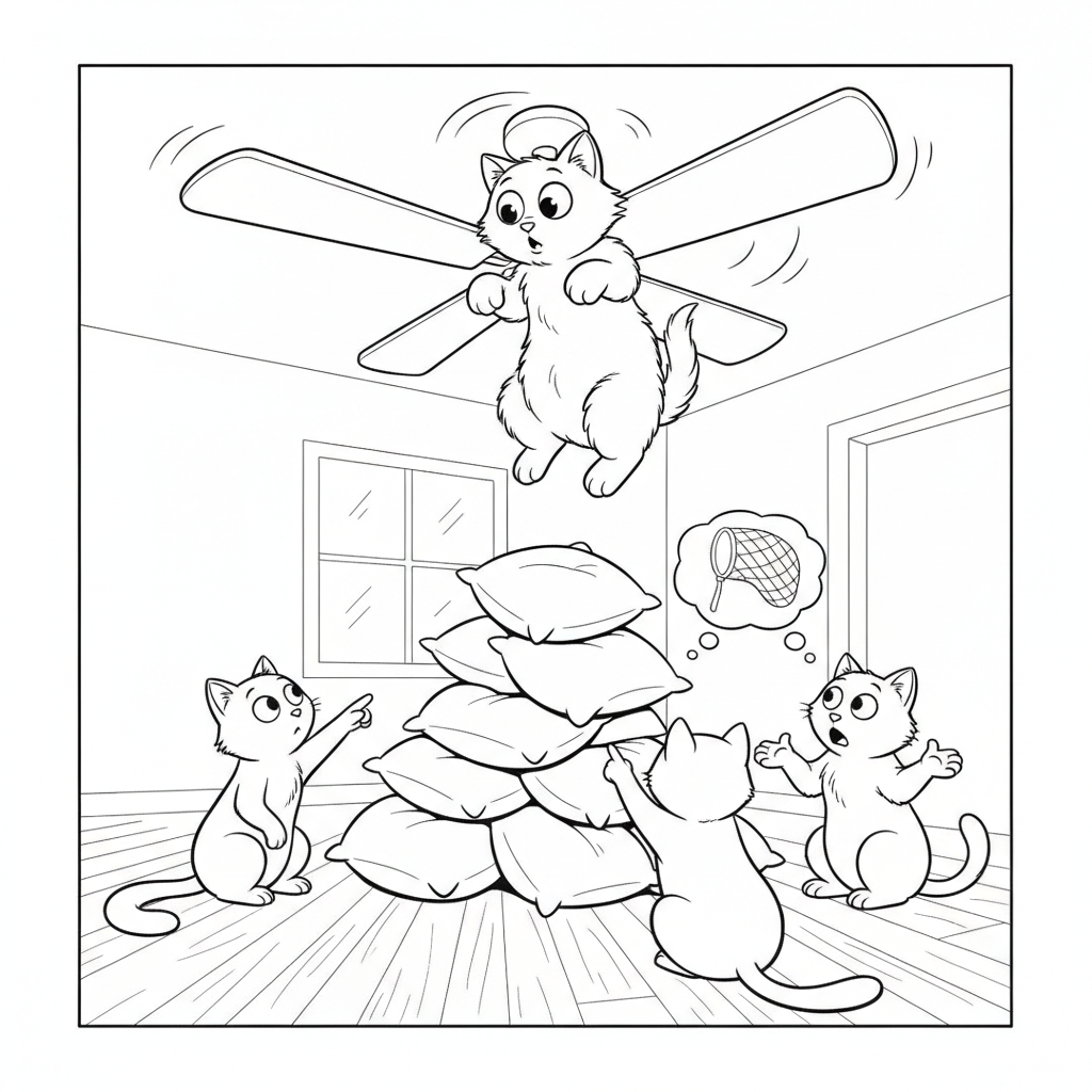 Gatinho Surpreso no Ventilador — Desenho de Gato para Colorir — Grátis